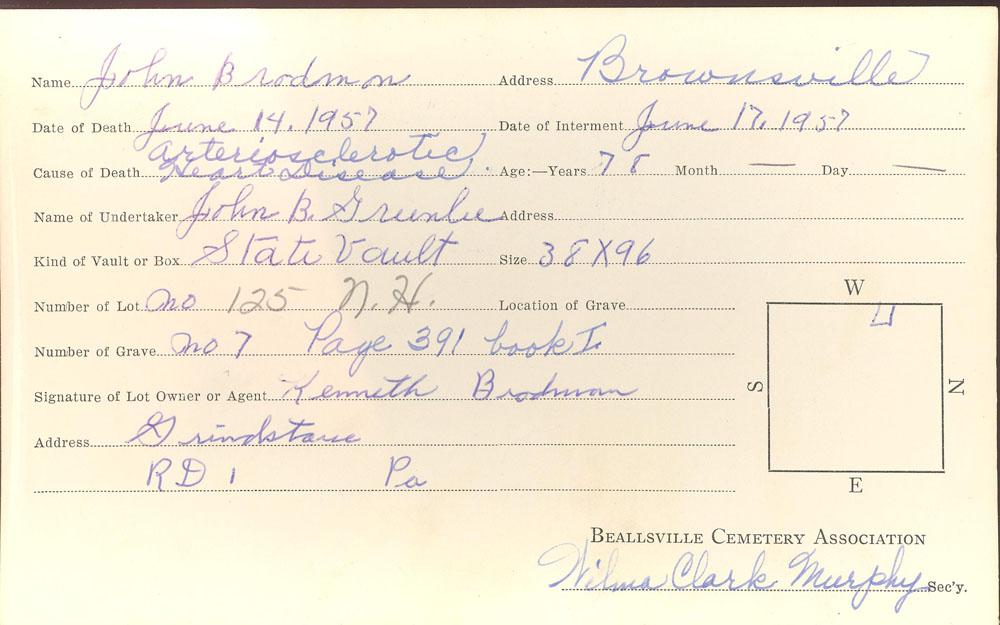 John Bradmon burial card